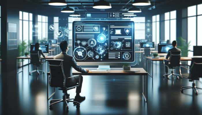 A professional website displayed on a computer screen in a modern office, demonstrating responsive design and SEO optimization.