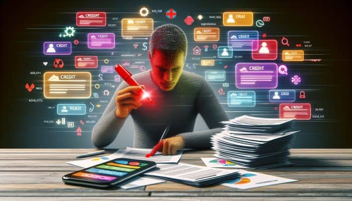 A person reviewing a credit report, marking errors and setting bill payment reminders on a smartphone.