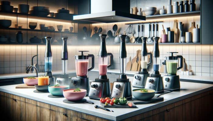Colourful immersion blenders on a kitchen countertop with steaming bowls of soups and sauces.