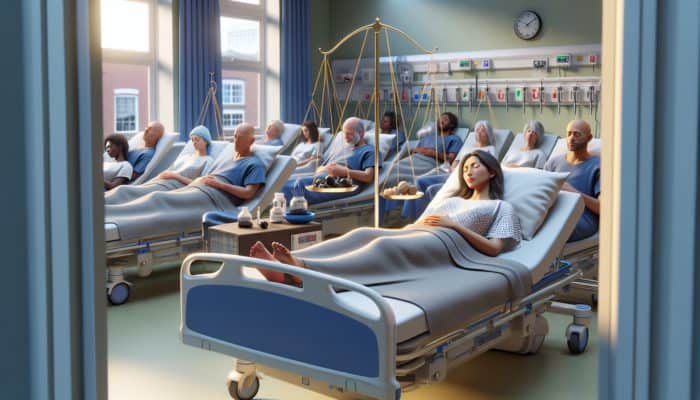 A peaceful UK hospital room with diverse post-surgery patients receiving acupuncture, surrounded by clinical evidence of its effectiveness.