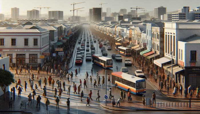 A busy street in Beaufort West showing people competing for limited affordable housing amidst strained infrastructure.