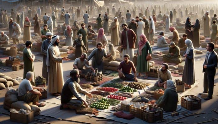 People at a makeshift market post-disaster, debating the value of goods for barter.