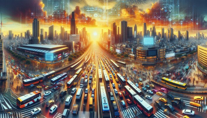 A vibrant cityscape with buses, trains, bikes, and cars at a central hub during golden hour.