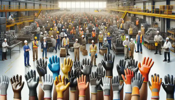 Infographic of PVC work gloves, logos of top Newport suppliers, industrial setting with workers.