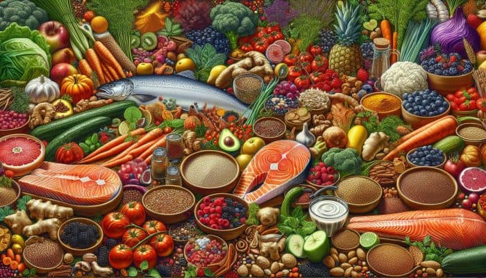 A UK kitchen counter with salmon, colorful vegetables, berries, quinoa, nuts, seeds, turmeric, and ginger.