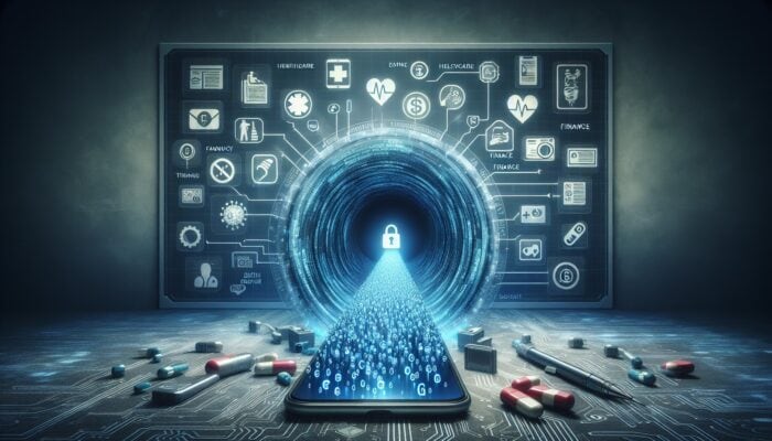 A digital tunnel with encrypted data between smartphones, healthcare and finance icons, symbolising end-to-end encryption and trust.