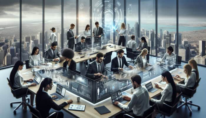 Diverse real estate experts collaborating in a modern office, using digital tools and human VAs, city skyline visible.