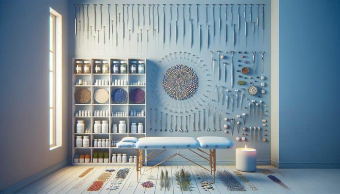 A serene treatment room showcasing acupuncture, herbal remedies, supplements, and massage, illustrating holistic care in the UK.