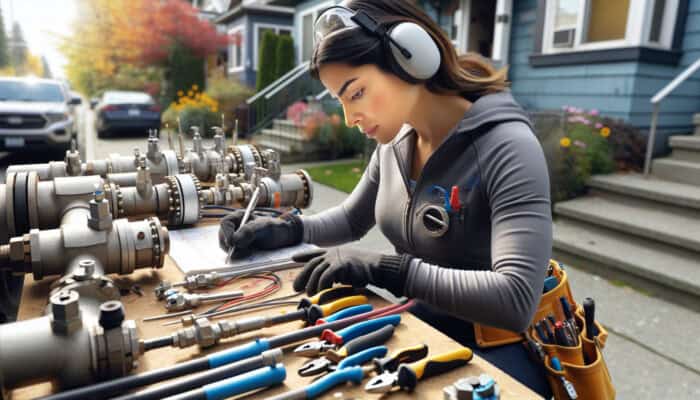 A skilled technician in Kitsilano maintaining natural gas lines with tools in a tidy, organised environment regardless of weather conditions.