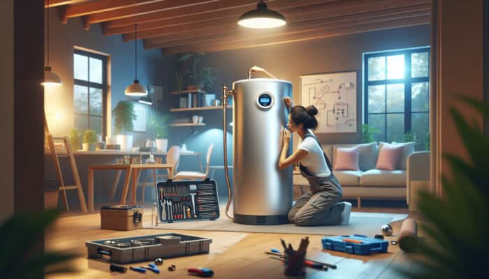 A modern hot water tank situated in a comfortable basement in Ladner, Delta, serviced by a professional plumber.