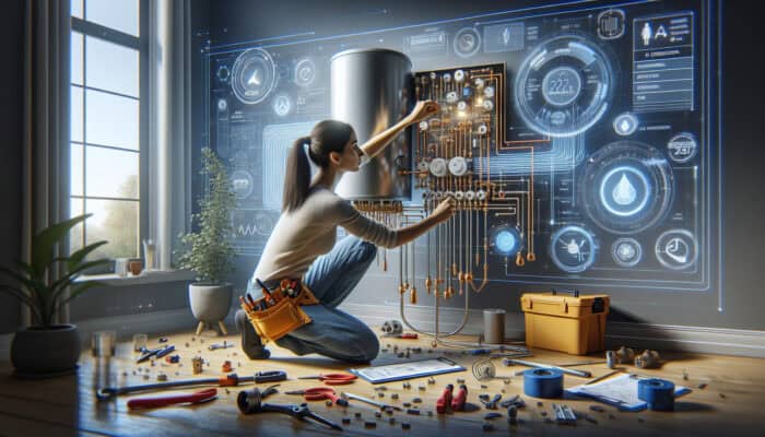 A skilled installer connects a hot water tank to electrical and plumbing systems in a modern residential setting.