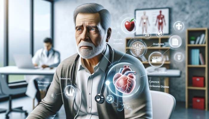 An older man with abdominal fat in a doctor's office, concerned about low testosterone and health risks.