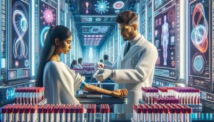 A technician draws blood in a modern lab with glowing test tubes and screens displaying health condition graphs.