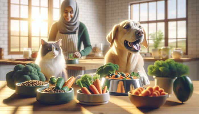 Fiber-Rich Foods for Pet Digestion: A healthy dog and cat happily eating carrots and greens in a sunny kitchen, with fresh produce bowls and a content pet owner.