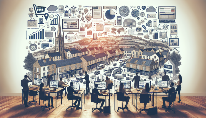 Bustling Shepton Mallet office with developers designing a mobile-optimized ecommerce site, featuring user-friendly interfaces and local UK elements.