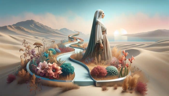 What Blood Tests Confirm Menopause?: Serene woman in her 50s amid fading flowers and winding path, symbolizing menopause stages, with calm horizon in soft pastels.