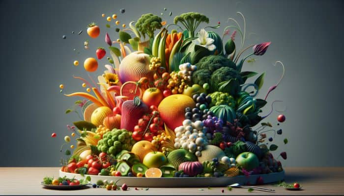 Artfully plated vibrant meal featuring colourful fruits, vegetables, height, layers, and garnishes on an elegant platter.