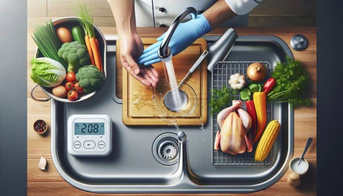 A spotless kitchen with a chef washing hands, raw chicken on a wooden board, vegetables on a plastic one, and checking grilled chicken temperature with a thermometer.