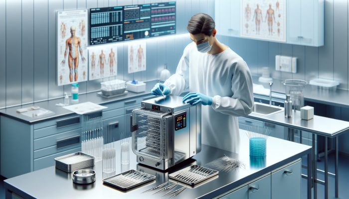 A practitioner in gloves and mask sterilizes single-use needles with an autoclave in a clean UK acupuncture clinic.