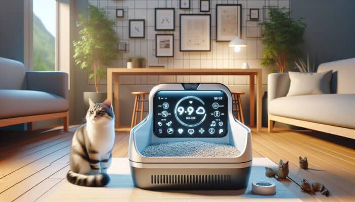 Modern self-cleaning cat litter box with digital timer, odor filters, and app, in bright home with curious cat.