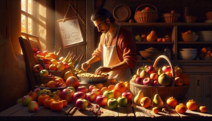 A baker selects fresh seasonal fruits, including Granny Smith apples, Fuji apples, pears, persimmons, and quinces, on a sunlit wooden table.