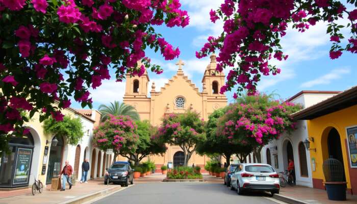 Vibrant street scene in San Miguel de Allende showcasing Parroquia de San Miguel Arcángel framed by colorful bougainvillea, with a balanced 3x3 grid composition.