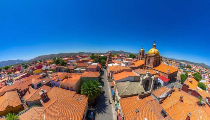 Aerial view of San Miguel de Allende featuring colorful rooftops and winding streets, with a low-angle perspective emphasizing the grandeur of the architecture under a bright blue sky.