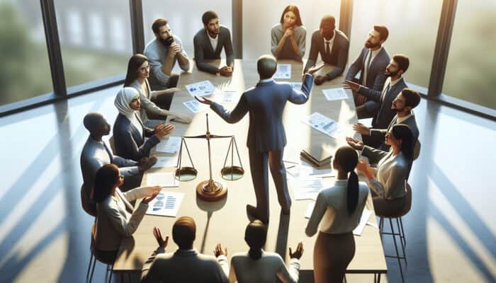 A wise leader delegates tasks ethically to a diverse team in a sunlit office, with balanced scales and collaborative gestures.
