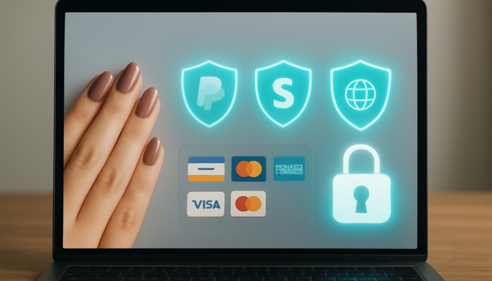 Modern checkout screen displaying PayPal, Stripe, WorldPay icons, secure locks, and encryption shields.