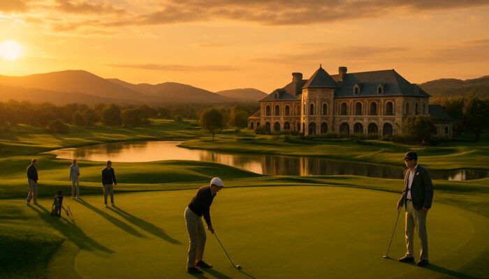 Centurion Country Club golf course: manicured greens, stone clubhouse, golfers under golden sunset.