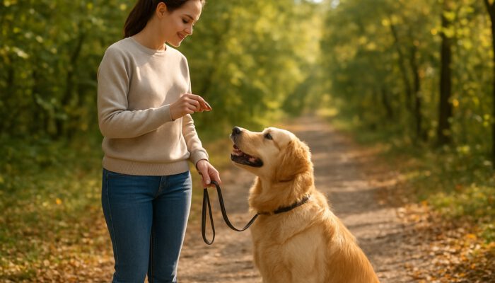 Calm owner rewards well-behaved golden retriever with treat on leafy path under sunny sky.