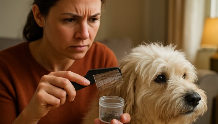 Pet owner combing fluffy dog's fur with flea comb, capturing and sealing fleas in cozy home.
