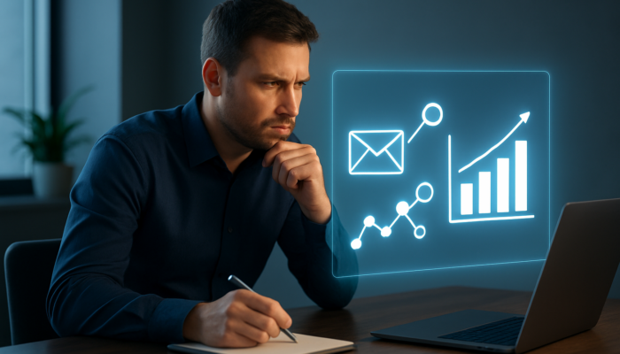 UK small business owner analyzing e-commerce budgets on screen with social media, email, and SEO icons.