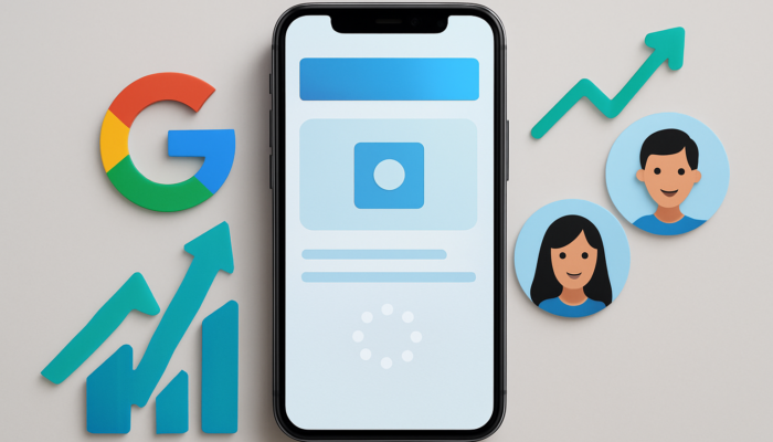 Sleek smartphone showing responsive website with loading animations, rising SEO graphs, Google logo, and happy users.