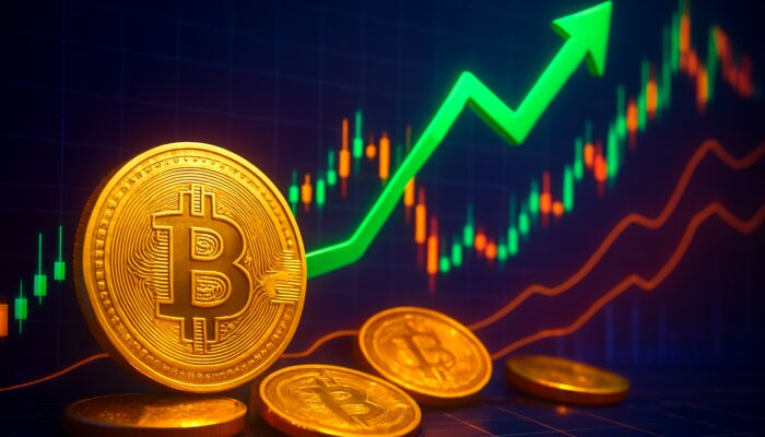 Bitcoin chart with green upward arrow marking take-profit sell at peak price, surrounded by glowing crypto coins.