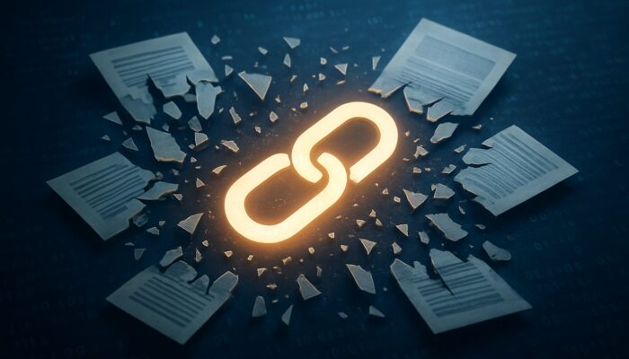 Duplicate pages shattering and unifying via glowing canonical link on blue code background.