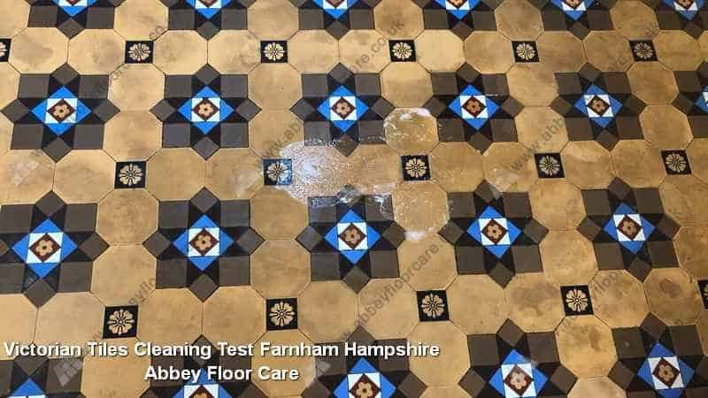 Test cleaning area on Farnham Victorian tiles revealing removable residue
