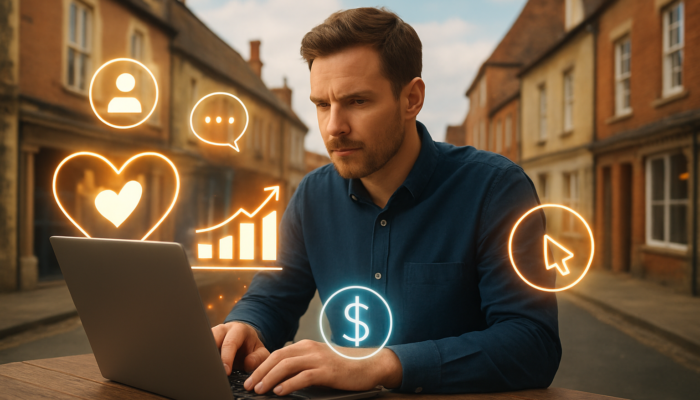 Small business owner in Devizes reviews digital marketing budget on laptop with social media icons and growth charts.