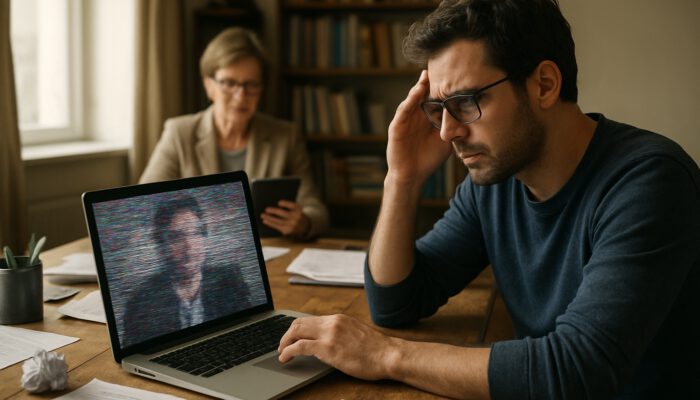 Remote writer struggles with a glitchy video call in a cluttered office, while a supervisor reviews documents on a tablet.