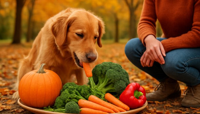 Happy dog eating fresh seasonal vegetables in an autumn park with owner.