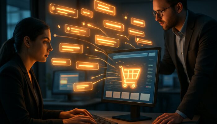 Analysts extracting valuable keywords from user reviews to enhance a vibrant e-commerce platform.