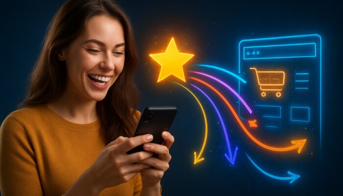 Happy customer using a smartphone to post a review, with vibrant links to a bustling e-commerce site symbolising SEO advancement.