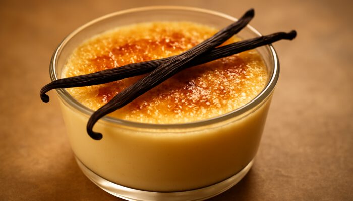 Creamy vanilla bean custard in a glass bowl, garnished with fresh vanilla pods and a golden caramelized top.