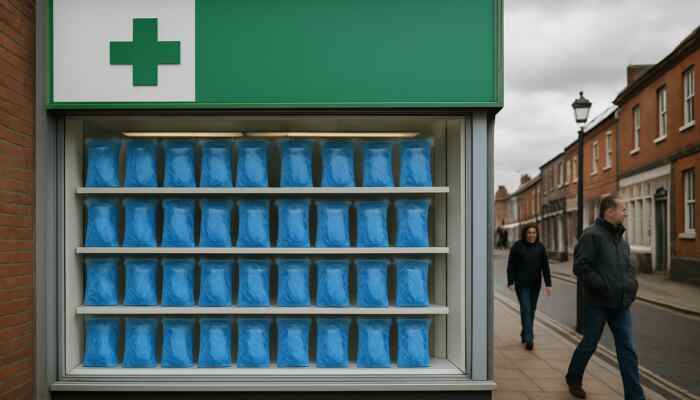 Sterile blue medical gloves displayed on shelves in a pharmacy window in Burton upon Trent.
