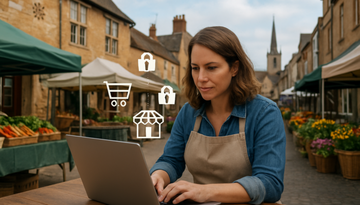 Small business owner in Newent configuring WooCommerce dashboard on a laptop amidst market stalls and e-commerce icons.
