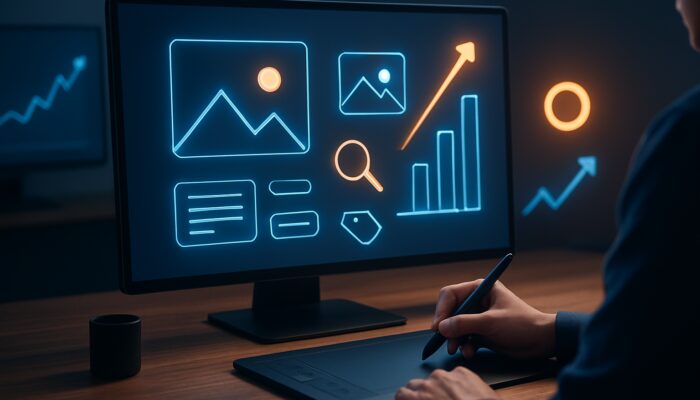 A designer optimising images with alt text, SEO tags, and icons, surrounded by glowing Google search graphs and rising arrows.