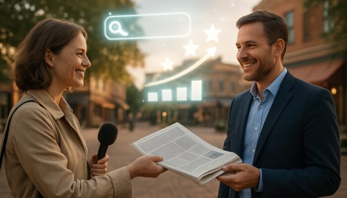 Journalist hands newspaper to cheerful business owner in town square with glowing SEO icons