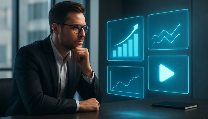 Marketer examining glowing holographic competitor media charts with strategic arrows in a modern office