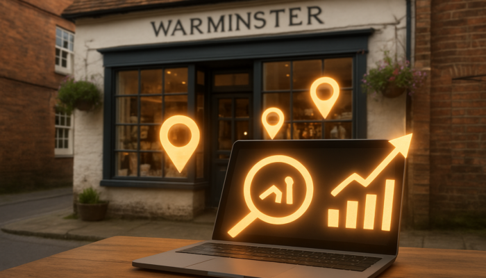 Historic Warminster storefront adorned with SEO icons, location pins, and rising rankings on a laptop.
