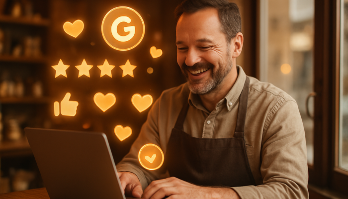 Warminster shop owner smiling at glowing five-star Google reviews on a laptop amid floating icons in warm light.